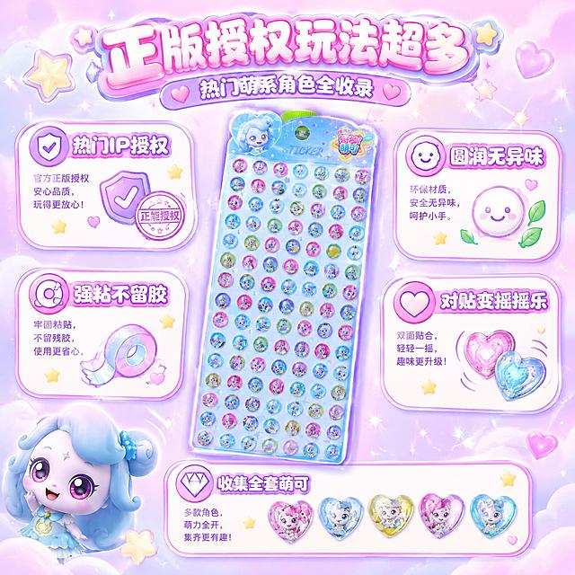 电商主图，1比1正方形构图。基于上传的产品实拍图和官方角色参考图进行重绘，严格还原挂卡设计、颜色、LOGO位置、文字内容、卡面钻贴阵列与钻面图案，全部照抄实拍，不重新绘制角色、不编造图案。钻贴为透明亚克力立体贴片，硬挺通透。本屏采用Bento网格卡片式排版：画面中心斜放一张闪乐长条挂卡，9.5乘22cm，作为主视觉，挂卡照实拍还原，周围环绕五个圆角奶白色信息卡片，卡片均为粉紫描边、配圆润扁平小图标。视觉风格为马卡龙清新风叠加软萌少女风：背景浅粉紫渐变带半透明星星、爱心与闪片纹理，顶部淡粉高光，整体明亮甜美，中心挂卡边缘带柔紫轮廓光。字体采用气泡可爱文字叠加水晶通透质感：主标题正版授权玩法超多位于顶部居中，圆润粗体粉白渐变加闪边、为最大字号；副标题热门萌系角色全收录紧随其下。五张卡片内容分别为：左上热门IP授权，配盾牌加印章图形；左下强粘不留胶，配胶带图形；右上圆润无异味，配笑脸加叶片图形；右中对贴变摇摇乐，配两颗爱心亚克力钻对贴图形；底部收集全套萌可，配一排不同角色的小钻贴阵列图形。信息布局为中心产品加四周卡片的向心结构，五张卡片尺寸统一、间距均等。排版采用分栏模块化排版叠加大小层级排版，主标题最大、卡片标题中等、卡片说明极小。设计感强调：卡片图标均为圆润扁平卡通风、与马卡龙配色统一，中心挂卡始终是视觉焦点，信息密集但秩序井然，传递正版安全好玩三重感，全图配色、字体、圆角语言与主图1到4完全一致，形成成套视觉，无乱码无畸形脸无多余文字。