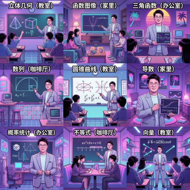 帮我生成关于高中数学的九宫格图片，要有老师和学生，老师的脸帮我设计成这张图片的，学生是中国人，场景是教室、家里、办公室、咖啡厅等，帮我生成20张预览效果