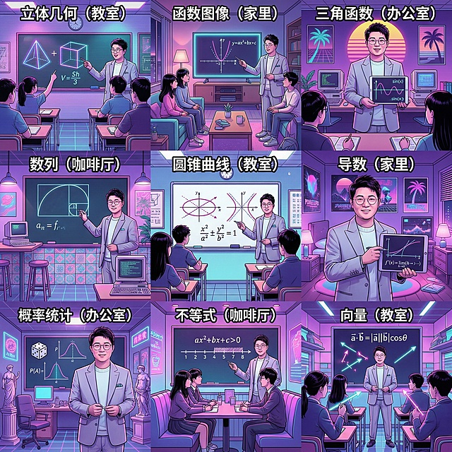 帮我生成关于高中数学的九宫格图片，要有老师和学生，老师的脸帮我设计成这张图片的，学生是中国人，场景是教室、家里、办公室、咖啡厅等，帮我生成20张