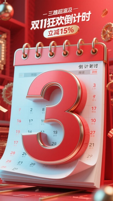 巨型日历造型红色数字 “3”，有金属顶框，顶部设置 “双11狂欢倒计时” 标签，搭配 “立减15% ”文字，朱红色背景，融入等装饰元素，整体营造紧迫的促销倒计时氛围预览效果