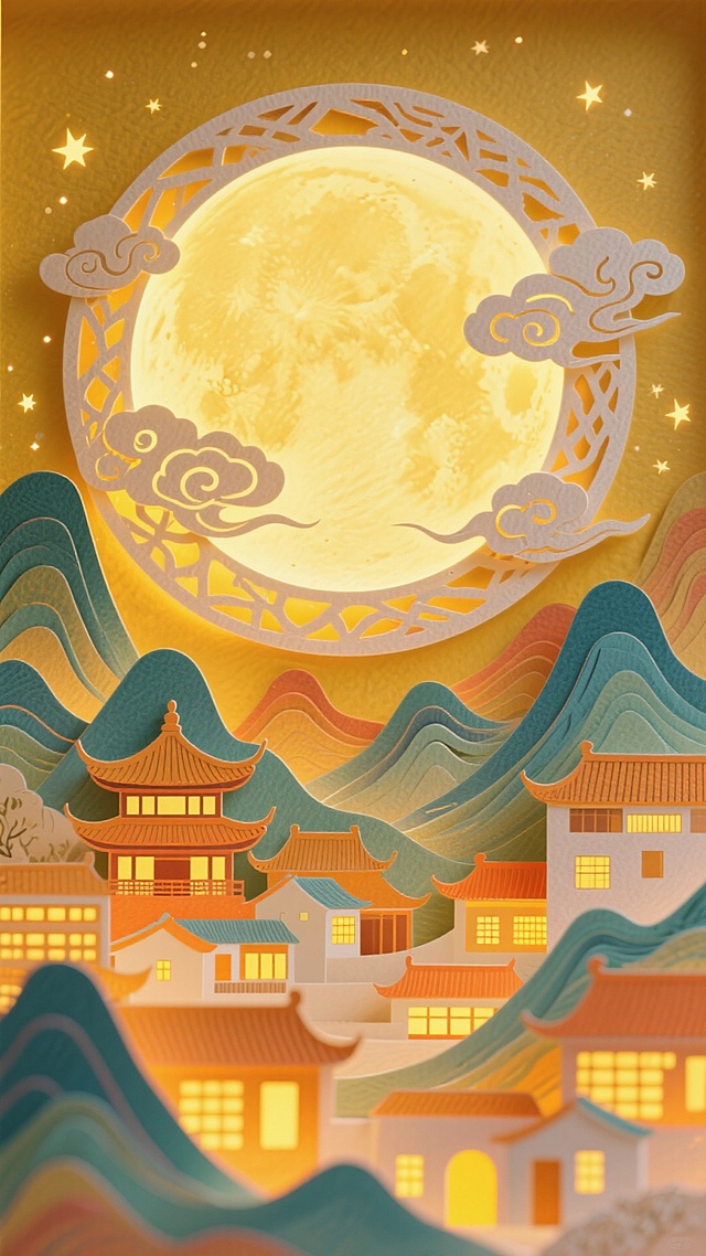 中秋主题，纸雕艺术风格，巨大圆月占据画面中心（特写镜头，皎洁通透，边缘带纸雕纹理），暖黄色调基底，工笔风格山峦叠嶂（层叠起伏，线条细腻），山峦间交织传统飞檐古建与现代民居（古今建筑融合），万家灯火呈暖黄→橙黄渐变光影（从暗到明逐层过渡，星点闪烁），纸雕镂空祥云装饰（环绕圆月与山峦边缘），整体画面以暖黄色为基底