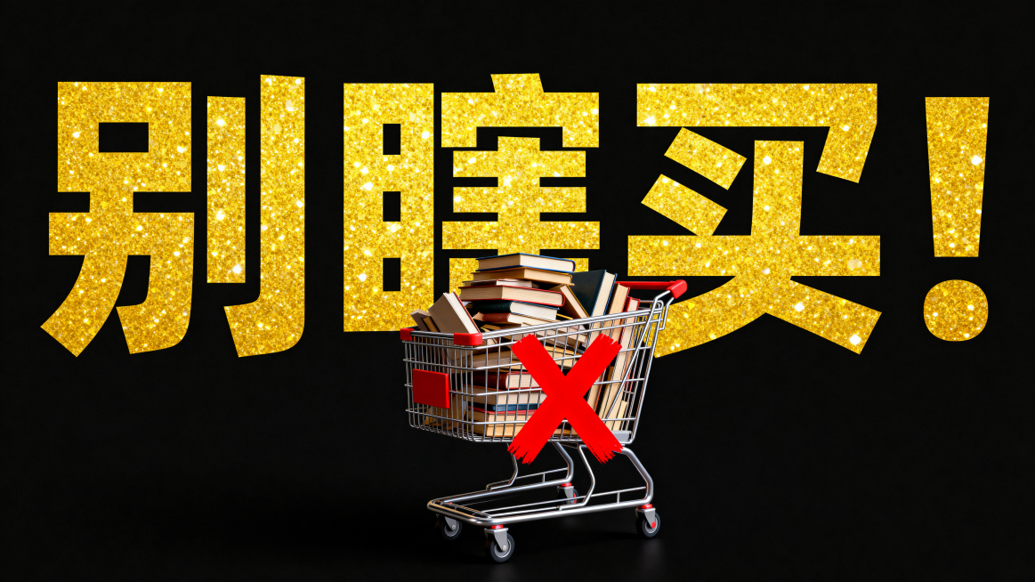 极具冲击力的字体海报设计，纯黑色背景。正中央醒目地印着超粗体、闪闪发光的黄色中文"别瞎买！"。文字下方是一个3D超市购物车，堆满了凌乱的书籍，购物车上画着一个巨大的鲜红色"X"。极简主义风格，极高对比预览效果