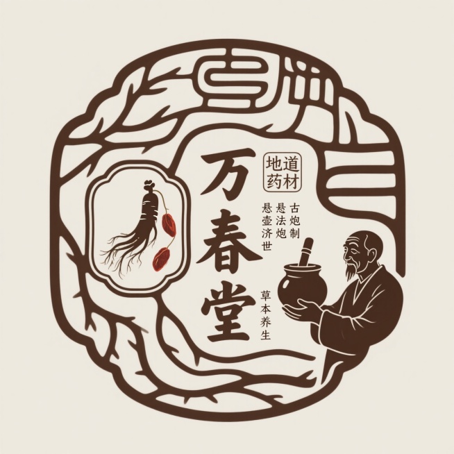 古朴仿篆书风格徽章标志，主体为“万春堂”三字，笔画如药材脉络蜿蜒，中心复古图章内嵌人参和枸杞剪影，右侧叠加手捧药罐、面容慈祥的老药师侧影，小字“地道药材 古法炮制”“悬壶济世”“草本养生”错落排版，保预览效果