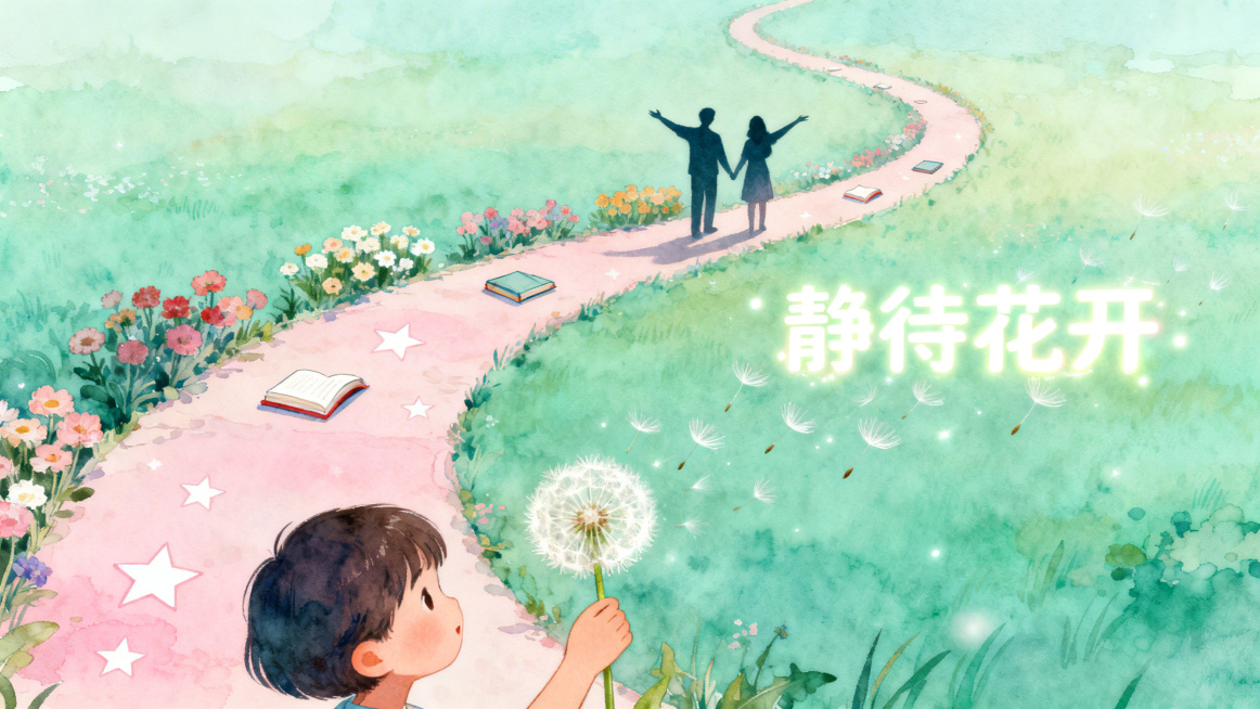 梦幻水彩风格俯视角度成长隐喻画面，蜿蜒小径上散落着书本和星星图案，远处站着张开双臂的父母剪影，小径两侧交替盛开着不同进度的花朵，近景特写一只孩子的手正触碰蒲公英，飘散的种子上浮现"静待花开"的发光文字预览效果