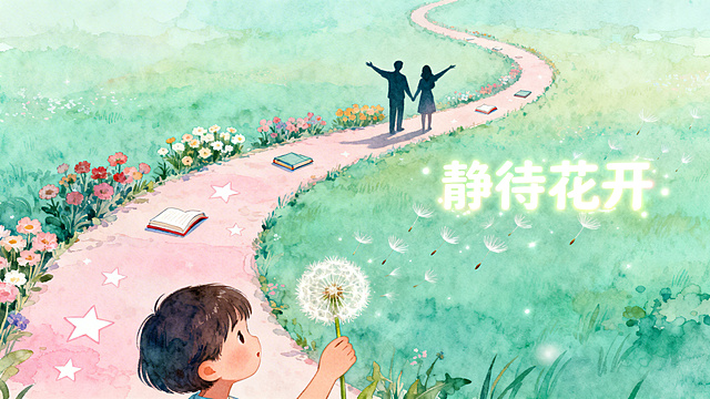 梦幻水彩风格俯视角度成长隐喻画面，蜿蜒小径上散落着书本和星星图案，远处站着张开双臂的父母剪影，小径两侧交替盛开着不同进度的花朵，近景特写一只孩子的手正触碰蒲公英，飘散的种子上浮现"静待花开"的发光文字，水彩渐变技法，主色调为薄荷绿与淡粉，整体氛围梦幻治愈