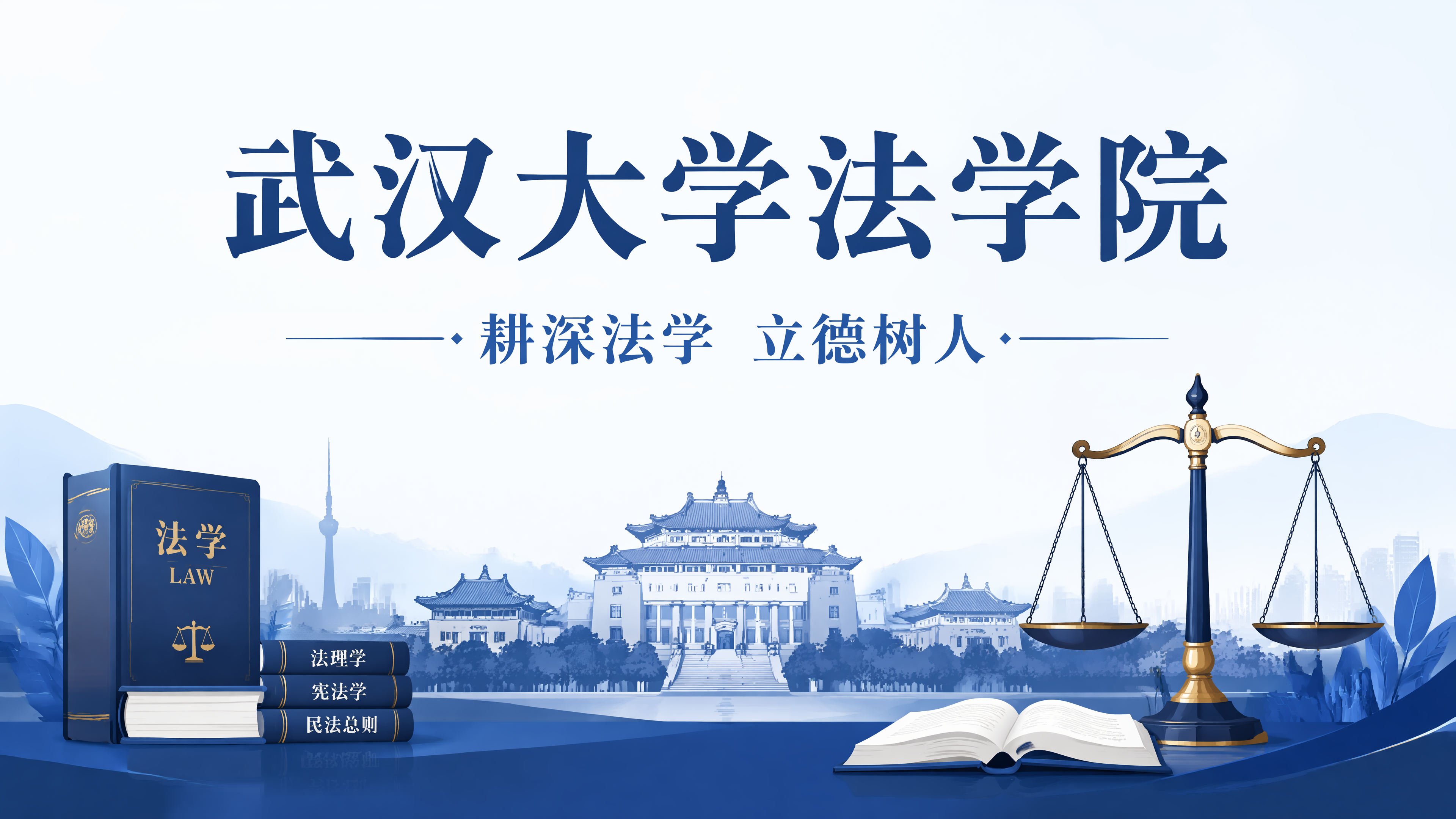 武汉大学法学院公众号首图，扁平插画风格，蓝色简约校园学术氛围，… - 图片创意预览