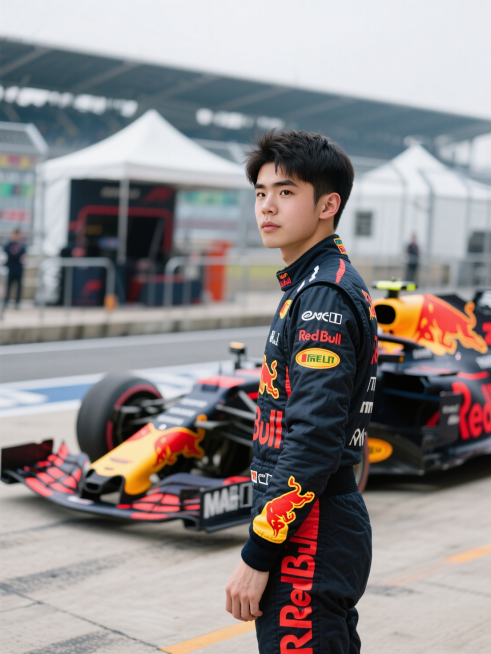 人物穿上赛车服，站在赛道围场，背景是F1赛车  红牛F1预览效果