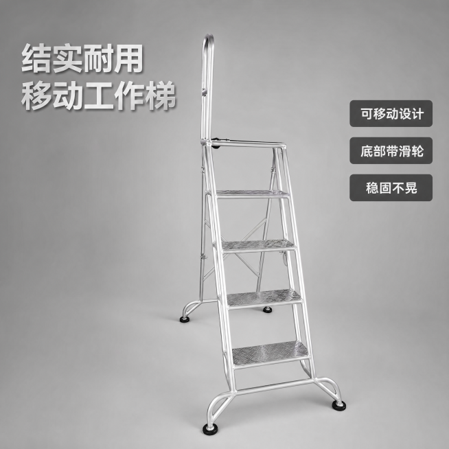 [主图-1] 移动工作梯产品首图
[氛围风格] 专业稳重工业风，京东平台品质感
[画质] 商业摄影质感，产品清晰真实，画面干净高级，精修清理原背景杂物
[元素] 银色铝合金移动工作梯居中展示，保持产品预览效果
