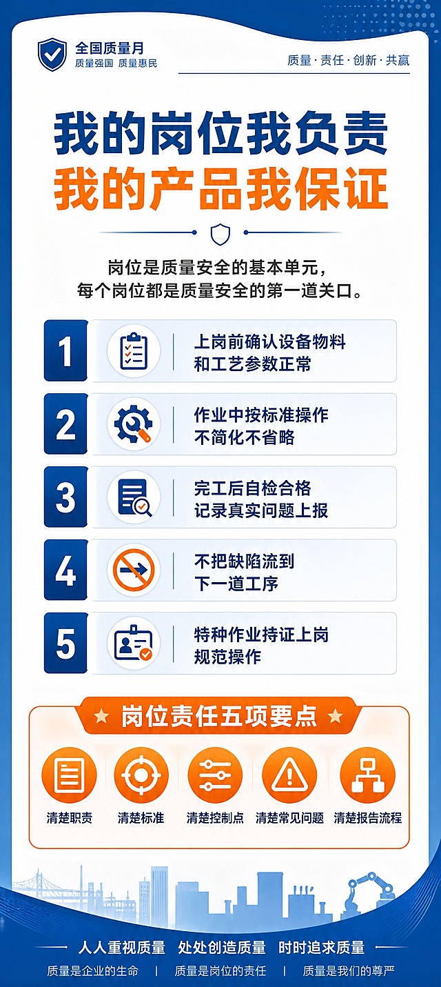 全国质量月质量管理知识宣传三折页第2页，竖版构图，商务蓝白风格，深蓝主色配橙色强调色，专业严谨。主标题："我的岗位我负责"，副标题："我的产品我保证"。正文："岗位是质量安全的基本单元，每个岗位都是质量安全的第一道关口。" 中间五个要点用数字序号竖向排列：1.上岗前确认设备物料和工艺参数正常 2.作业中按标准操作不简化不省略 3.完工后自检合格记录真实问题上报 4.不把缺陷流到下一道工序 5.特种作业持证上岗规范操作。下方橙色色块重点框突出显示岗位责任五项要点：清楚职责、清楚标准、清楚控制点、清楚常见问题、清楚报告流程。版式精美，排版规整，风格统一，竖版长构图，企业宣传折页
