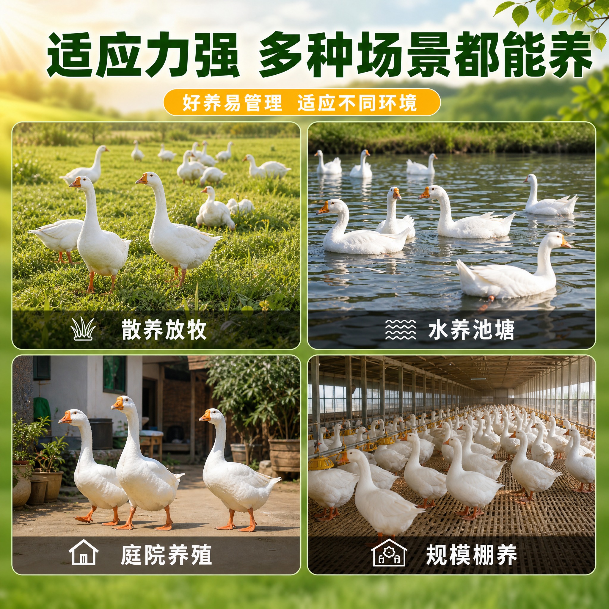 [主图-4] 场景与使用体验，主题为多场景养殖适应强，展示鹅苗… - 图片创意预览