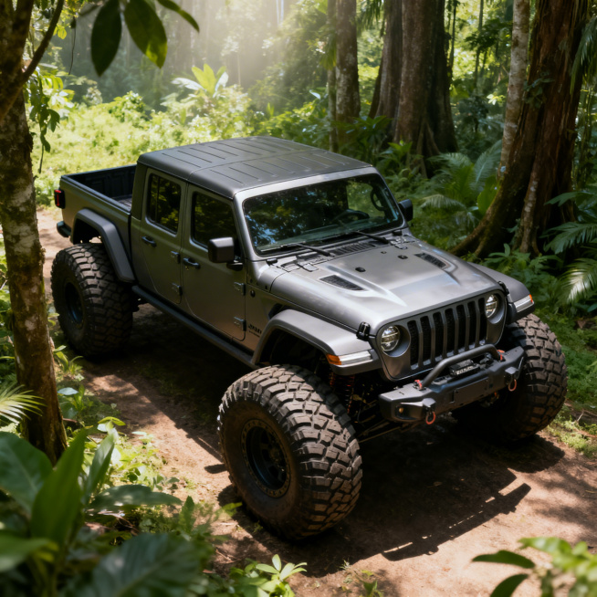 大型雨林越野车辆，作为产品展示背景，背景干净不凌乱，突出车辆的宽大轮胎，户外雨林环境，光线自然，产品摄影风格，高清质感预览效果
