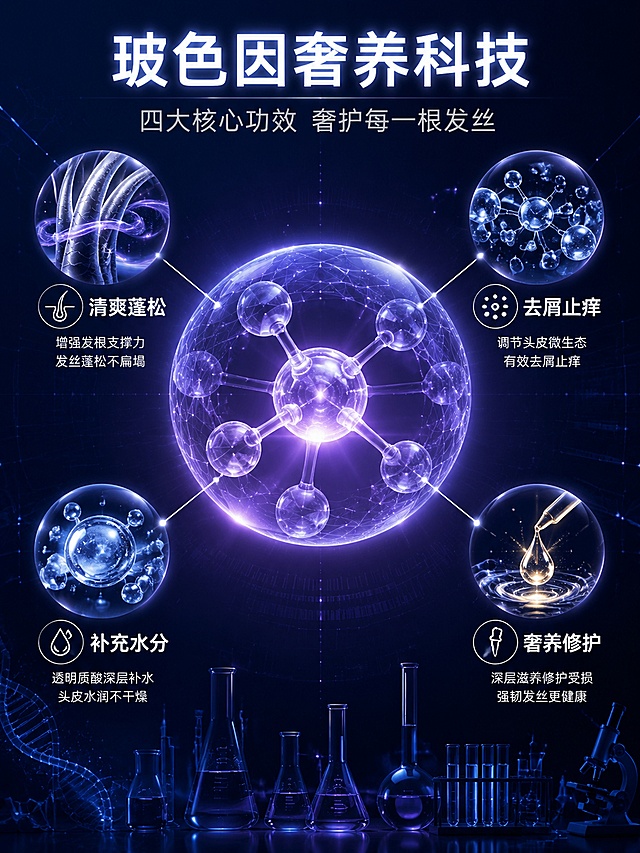 [第2屏] 成分与功效理由-玻色因奢养科技机理示意型。本屏为成分专屏 不使用产品垫图。
[氛围/风格] 深蓝科技实验室风 成分可视化 硬核科研感 3D分子渲染质感
[元素布局] 画面中央是巨大的3D玻色因分子结构球 占画面约40% 透明淡紫色质感 内部有发光核心 分子球四周环绕四组功效元素 分别是蓬松发丝纤维束 去屑止痒分子颗粒 透明质酸水分子球 修护精华液滴 每组元素占画面约15% 用细白线连接到中心分子球 背景为深蓝色渐变 带有微弱的网格线和光点 底部有实验室玻璃器皿剪影 整体呈现硬核成分背书感 核心元素合计占屏60%以上
[光影质感] 中心分子球自发光 淡紫色光晕向外扩散 四周冷色调环境光 分子结构有通透折射效果 科技感蓝光点缀 明暗层次丰富
[配色色系] 全局底色 #1A2744 深蓝科技感 主色淡紫分子光 辅助色淡蓝 银色高光
[视角构图] 正面平视 中心构图 分子球为视觉焦点 四周元素对称分布 阅读动线从中心向四周扩散
[文字版式] 顶部居中主标题「玻色因奢养科技」 副标题「四大核心功效 奢护每一根发丝」 主标题大号粗体白色发光字 副标题约半高 浅灰色 画面四个方位分别标注功效词 左上「清爽蓬松」配发丝图标 右上「去屑止痒」配分子图标 左下「补充水分」配水滴图标 右下「奢养修护」配精华图标 每个功效词为白色字 下方有一行小字说明 字体现代无衬线 清晰可读
[比例分辨率] 3:4竖版比例 4K分辨率 文字清晰可辨 高清画质
[负向提示词] 变形 水印 文字错乱 文字过小 产品模糊 背景杂乱 电商平台Logo