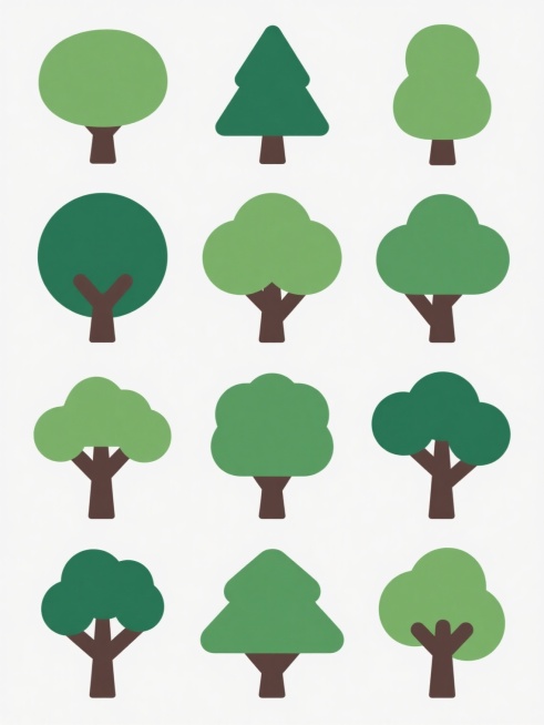 一组不同样式、不同品种、不同外观的树木图标，排列整齐成三行四列网格布局，每棵树形态各异，包括圆形树冠、尖顶树冠、蓬松树冠等多种造型，树干为深棕色，树冠为不同深浅的绿色渐变，整体采用扁平化设计风格，线条简洁流畅，色彩明快，无阴影效果，背景为纯白色。预览效果