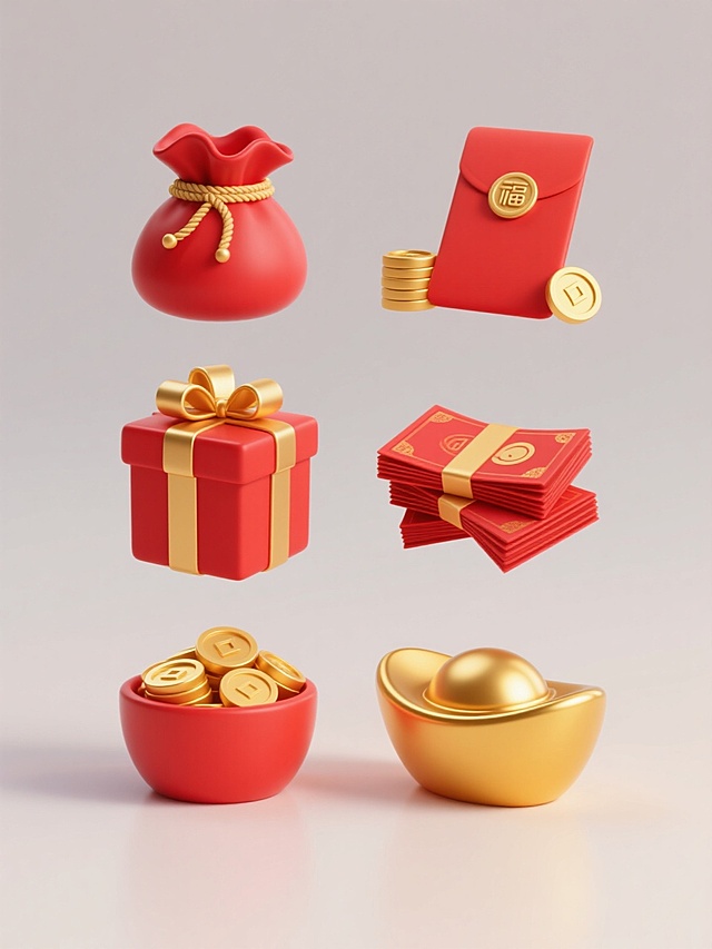 3D渲染风格，喜庆主题，六个规整排布的素材，每个素材为独立个体，整体造型简约现代，纯色背景。包含红色福袋（带有金色绳结和波浪形袋口）、红色红包、一堆金黄色金币、红色礼盒（带有金色蝴蝶结）、一沓红色钞票、金黄色元宝。所有元素具有光滑的3D质感，主色调为大红色和金黄色，色彩对比鲜明，光影效果柔和，高光处有细腻的光泽感，阴影自然过渡，营造出喜庆、吉祥、现代的氛围。