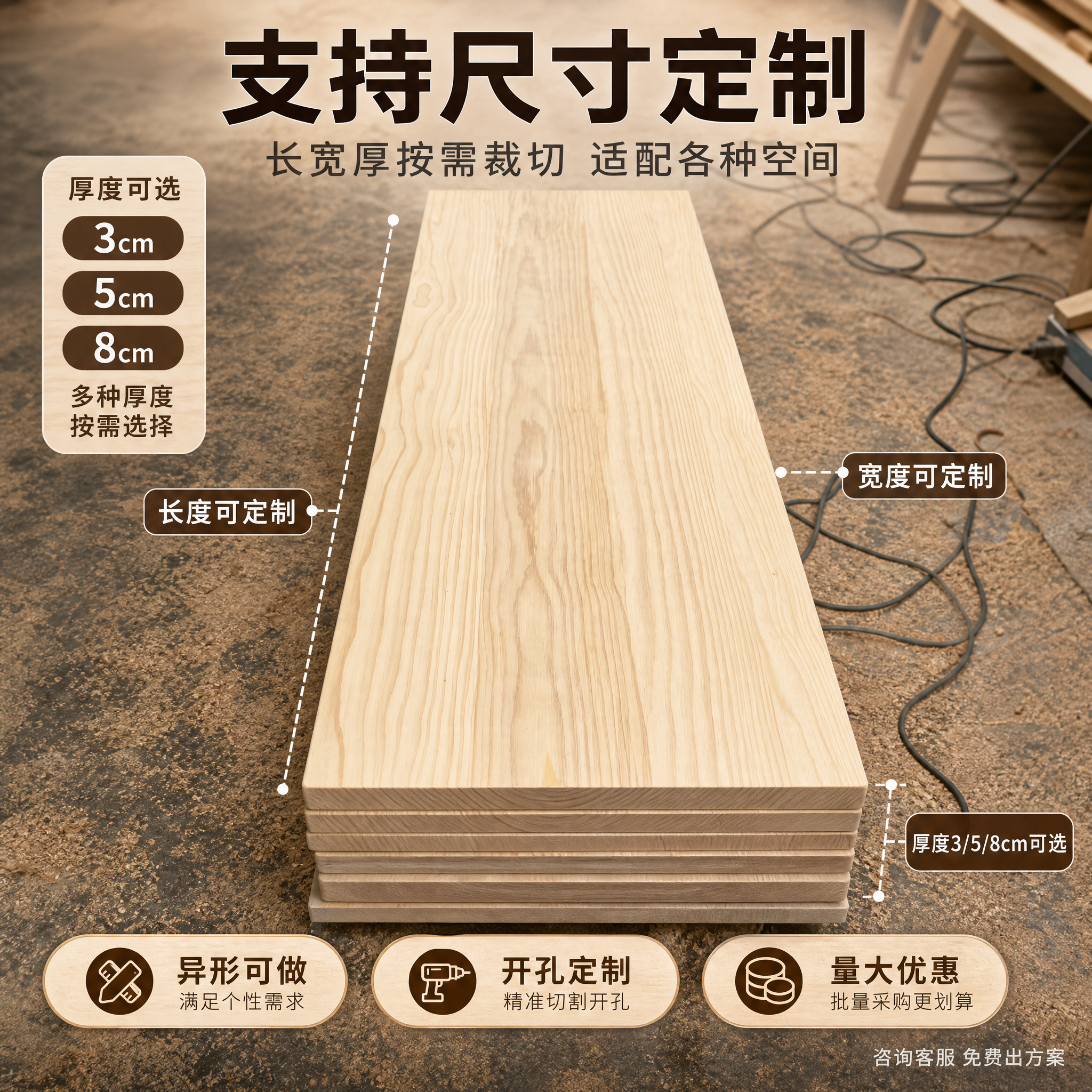 [主图-4] 尺寸定制与多规格展示，突出支持长宽厚定制、多种厚… - 图片创意预览