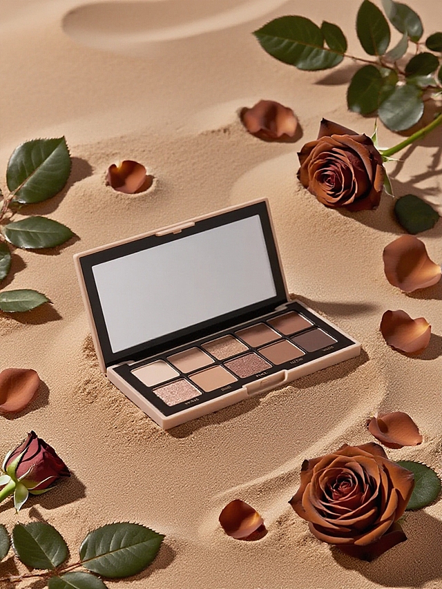 产品在沙漠中，眼影盘周围有棕色的玫瑰，玫瑰花瓣、叶子，倒影；俯瞰视角
