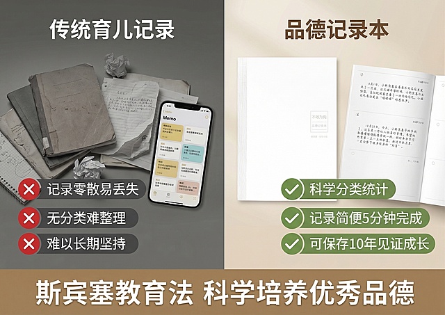 品德记录本对比测评图，分栏对比布局，中间有明显分割线。左侧'传统育儿记录'区域色调灰暗，展示零散笔记本、手机备忘录杂乱堆放，标注痛点：'记录零散易丢失''无分类难整理''难以长期坚持'，配红色叉号。右侧'品德记录本'区域明亮温暖，使用用户上传的记录本外观图和内页图，标注优势：'科学分类统计''记录简便5分钟完成''可保存10年见证成长'，配绿色对号。底部通栏标注'斯宾塞教育法 科学培养优秀品德'，对比强烈突出产品优势。