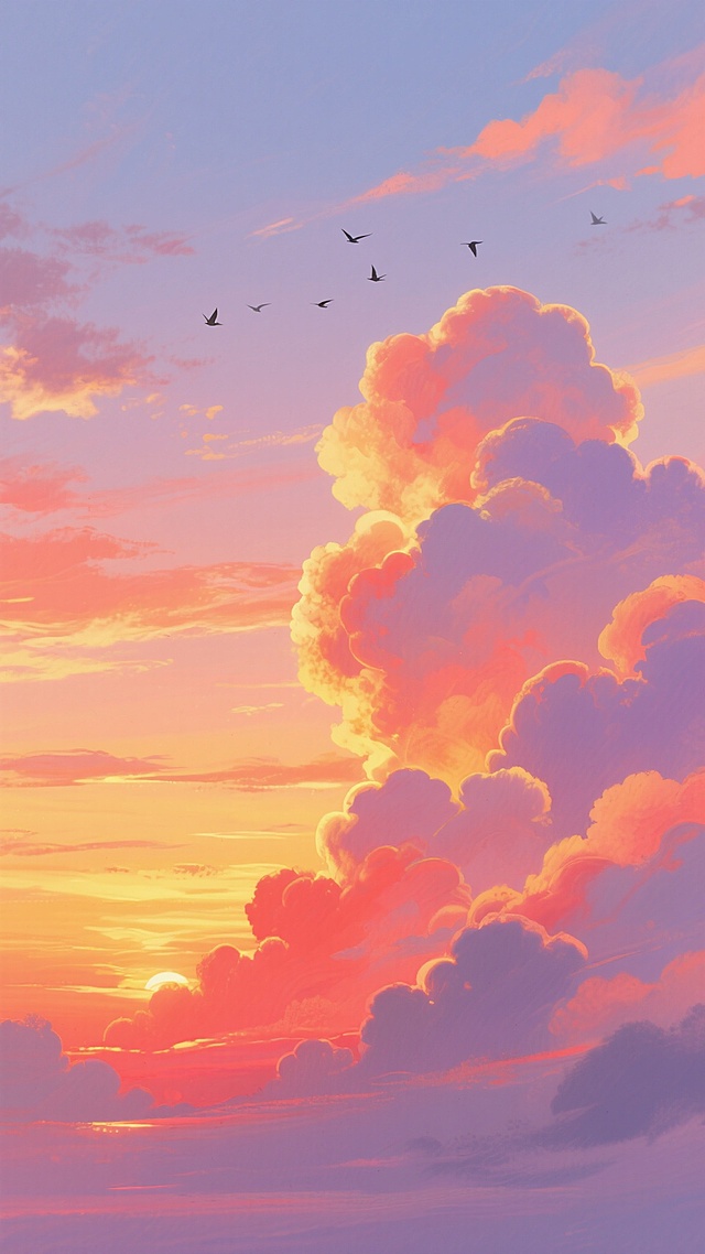 一幅唯美的晚霞天空插画，天空呈现出温暖绚丽的晚霞色调，从地平线向上由炽热的橙红、明亮的金黄渐变为柔和的粉紫，层层叠叠的云朵被霞光染成温暖的橙红色、金黄色和粉紫色，云朵形态蓬松柔软，边缘带有柔和的光晕，天空中点缀着几只飞翔的鸟儿，整体画面充满浪漫宁静的氛围，色彩过渡自然和谐，光影柔和梦幻，呈现出数字艺术特有的平滑细腻质感。