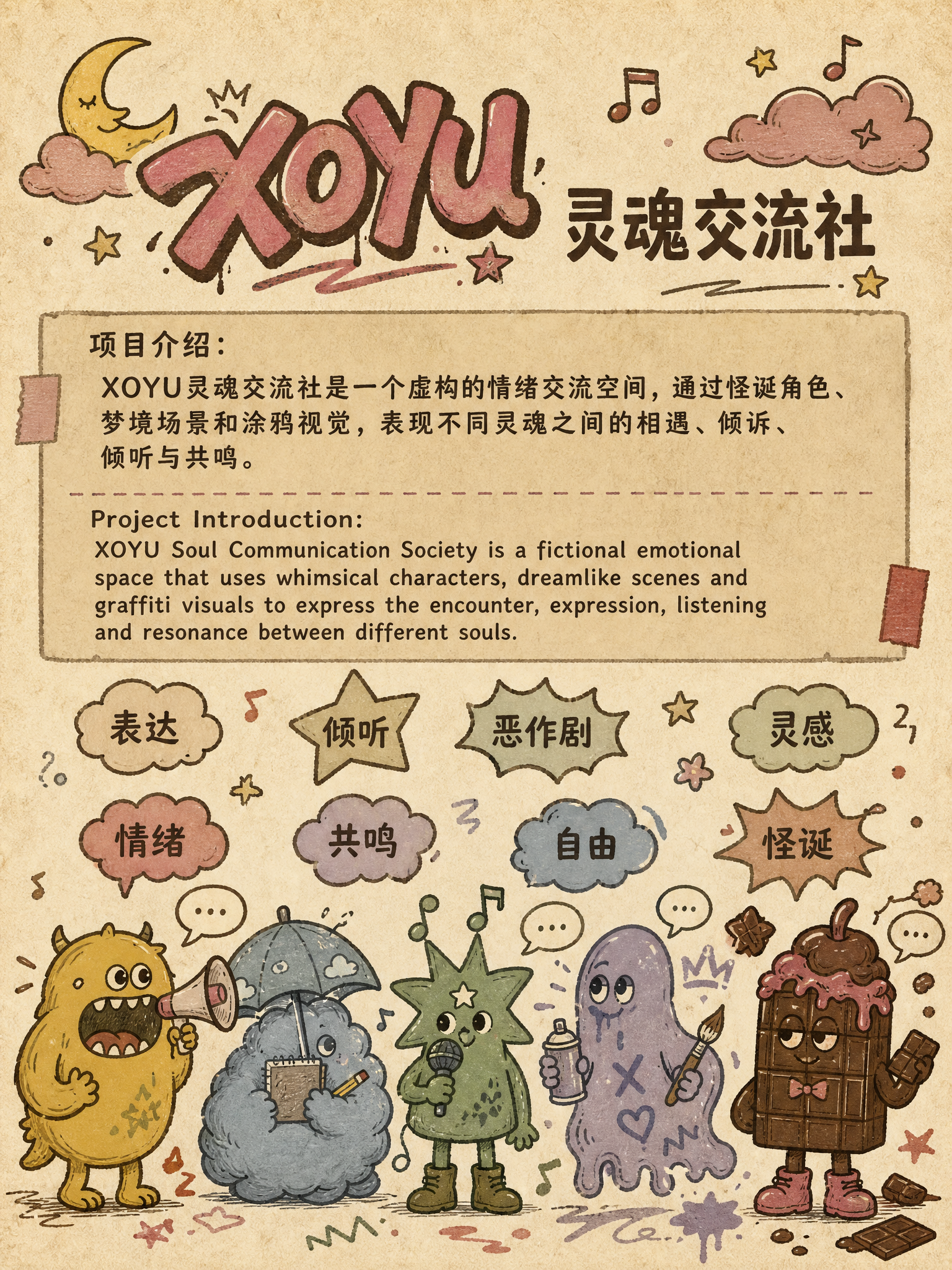 原创XOYU灵魂交流社项目介绍页设计，2D复古涂鸦扁平插画，粗… - 图片创意预览