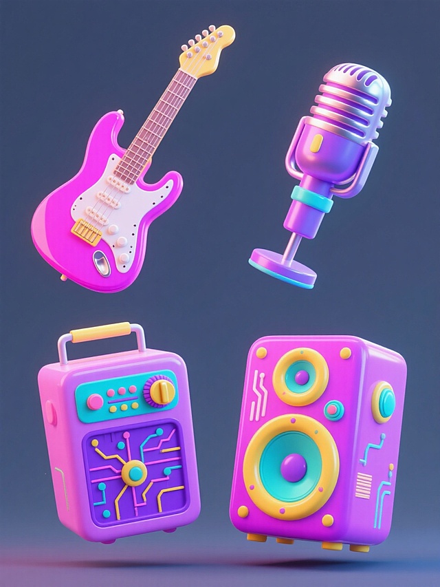 一套4个规整排布的3D风格音乐节元素素材，每个元素造型样式各异，包含电吉他、音响、麦克风、舞台灯光等音乐节相关元素，整体采用高饱和的粉色、紫色、蓝色为主色调，搭配黄色、青色等点缀色，具有光滑的塑料和金属质感，表面有电路纹路、按钮、旋钮等细节装饰，光影表现为柔和的环境光加局部高光，所有元素悬浮于纯色背景上，无任何文字、logo和水印。