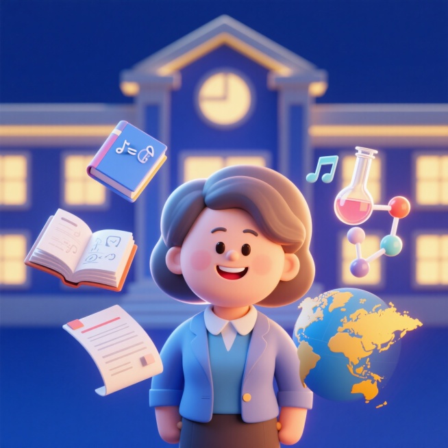 一位面带微笑、和蔼的中年女老师，她的身边 漂浮着书本、展开的试卷、化学分子结构、数学公式、音乐乐谱、世界地图等元素构成，散发着柔和的智慧光芒，背景是简约的学校大楼轮廓，概念艺术，象征意义，数字绘画，梦预览效果