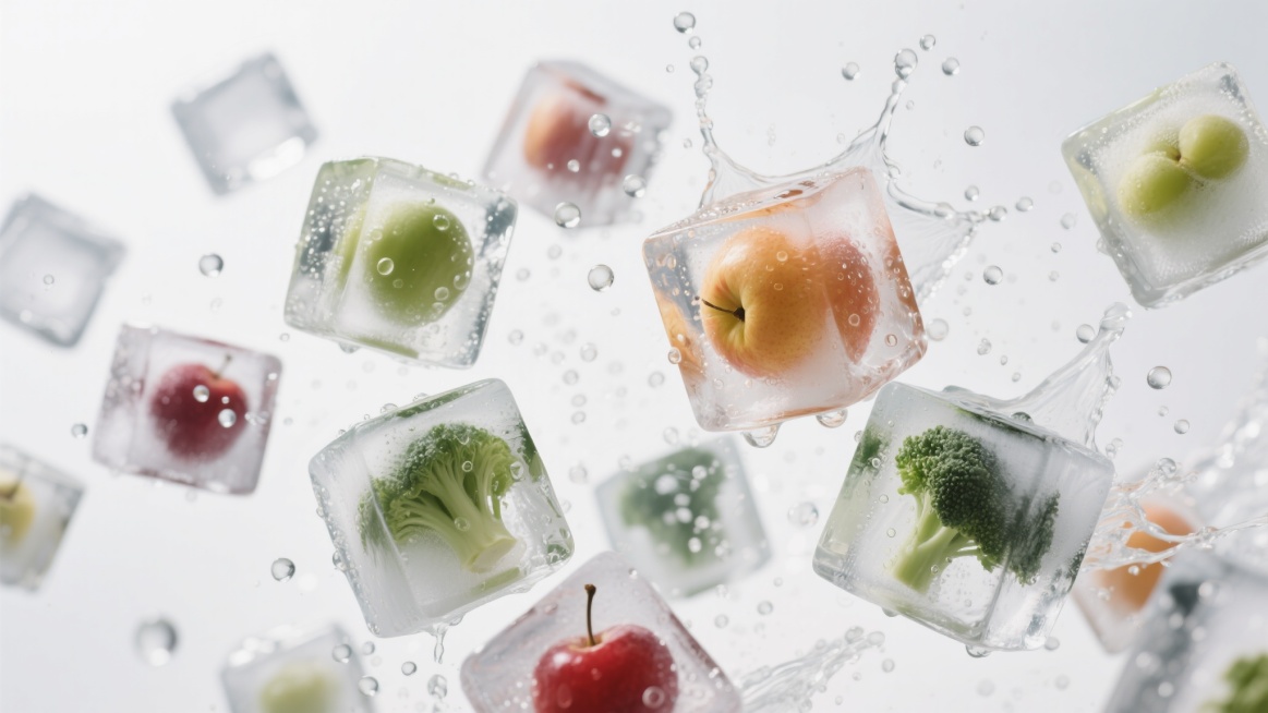 高清商业摄影风格，晶莹饱满的水果与蔬菜，被包裹在冰块里，每个冰块里只有一种水果或者是一种蔬菜，表面光滑并附着水珠，与透明立方体小冰块一同悬浮在白色背景中，冰块角度有随机性，很多冰块由远至近爆炸出来，动预览效果