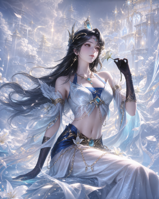 参考图的风格，重新生成古风玄幻美女画面，保留原人物造型服饰配饰整体构图，玉美人搭配百合花，云雾仙宫背景，精致细腻的厚涂CG画风，蓝白金配色仙气氛围感预览效果