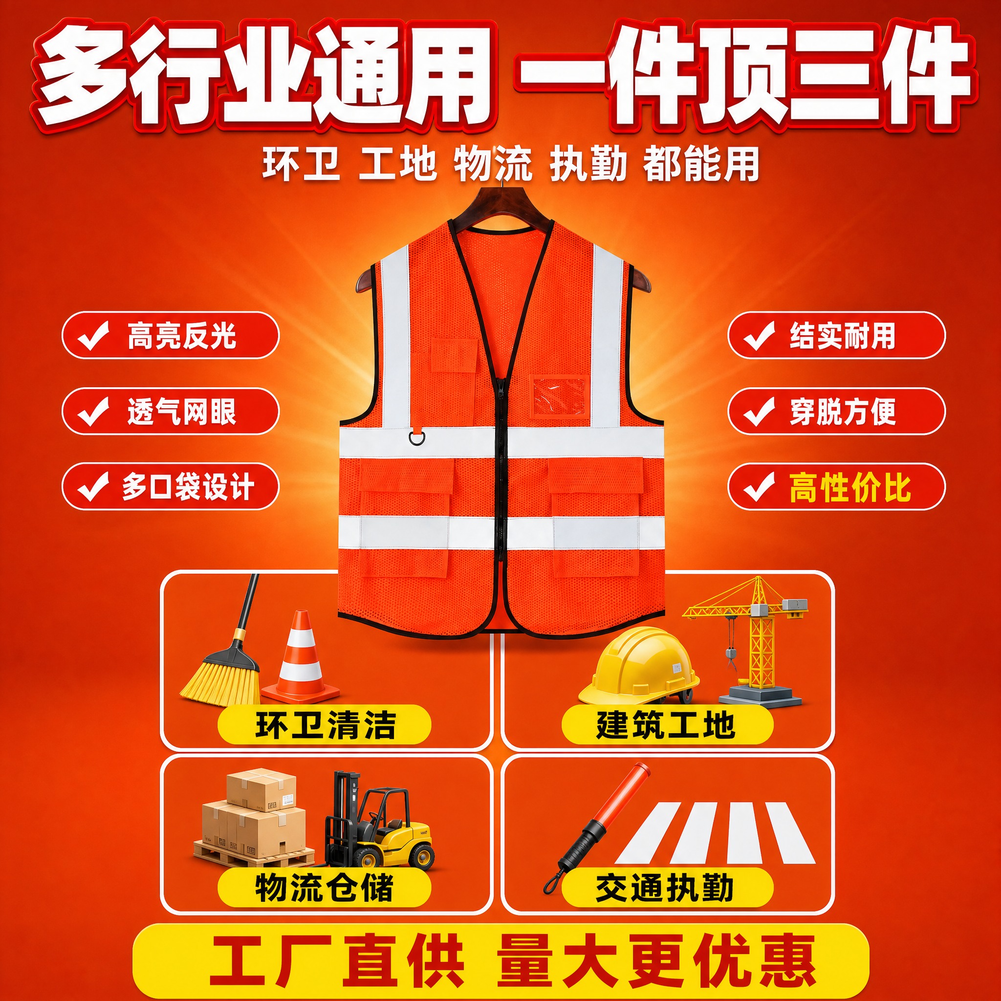 [主图-3] 反光安全马甲多场景适用信息图，拼多多风格，突出多… - 图片创意预览