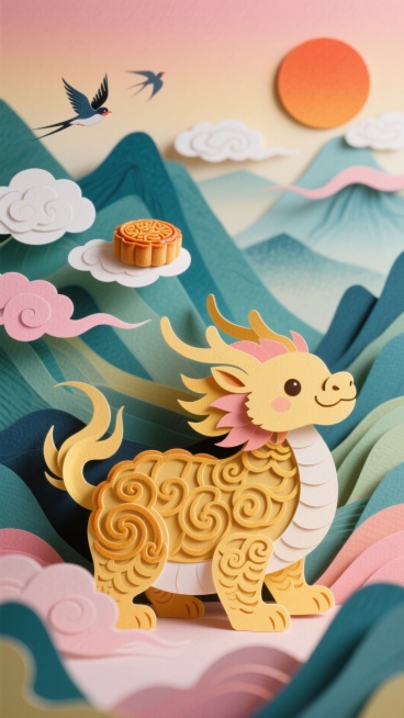 主体是憨态可掬的月饼造型神兽，身披祥云纹，背景是层峦叠嶂的诗意山水，空中飘粉白渐变祥云与衔月饼的飞鸟，橙红太阳映染天际，梦幻感十足预览效果