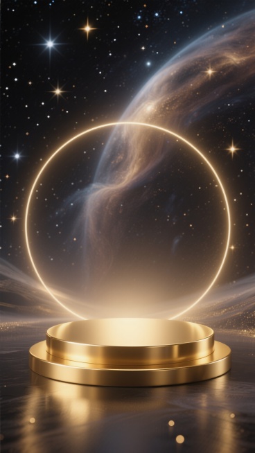 一个光滑的金色圆形展示台，置于深邃的宇宙星空背景下，周围环绕着闪烁的星辰和柔和的星云光晕，光线从展示台底部向上投射，形成神秘而梦幻的光影效果，整体氛围静谧而富有未来感，保持金色金属材质的细腻质感和圆形展台的简洁造型。预览效果