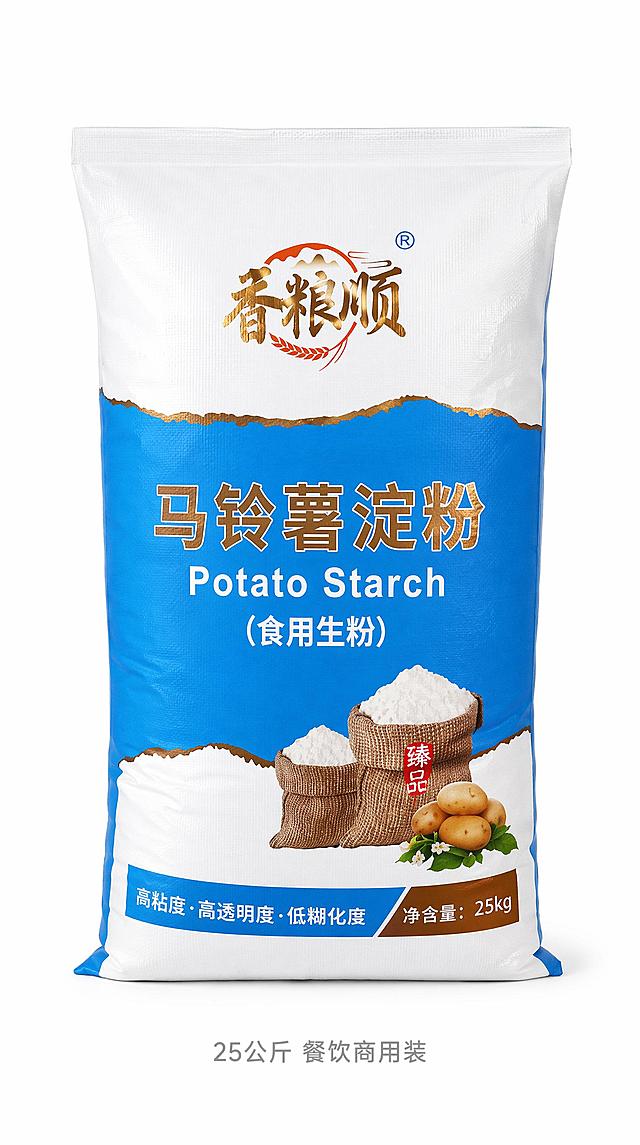 「图片1」，生成详情页，商品名称为誉粮顺牌 马铃薯淀粉 25公斤酒店饭店商用装，适配 拼多多平台，详情单图比例为9:16，图片宽度1500像素，需求屏数为4张。主图比例1:1，图片宽度1500像素。需要屏数4张，主图3张买点介绍，1张白底图，