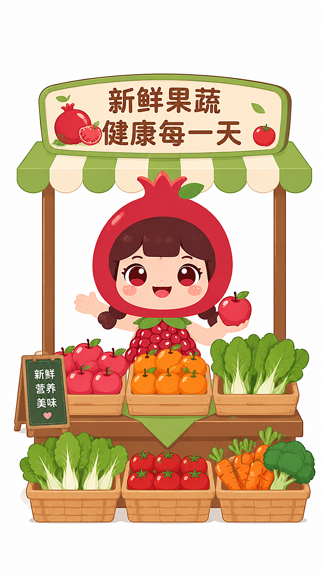 保持原图石榴女孩形象，生成摆摊卖水果生鲜蔬菜的场景，插画卡通扁平化风格，白色背景