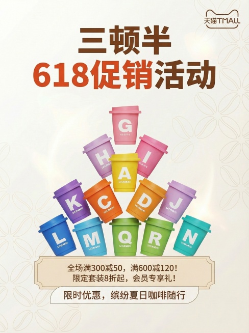 在原有三顿半胶囊咖啡618促销海报基础上，添加具体促销方式文案和天猫平台标志，保留原有的平衡对称设计、黄金比例和留白原则，保持主体突出，品牌名“三顿半”和“618促销活动”清晰，丰富促销信息，整体风格预览效果