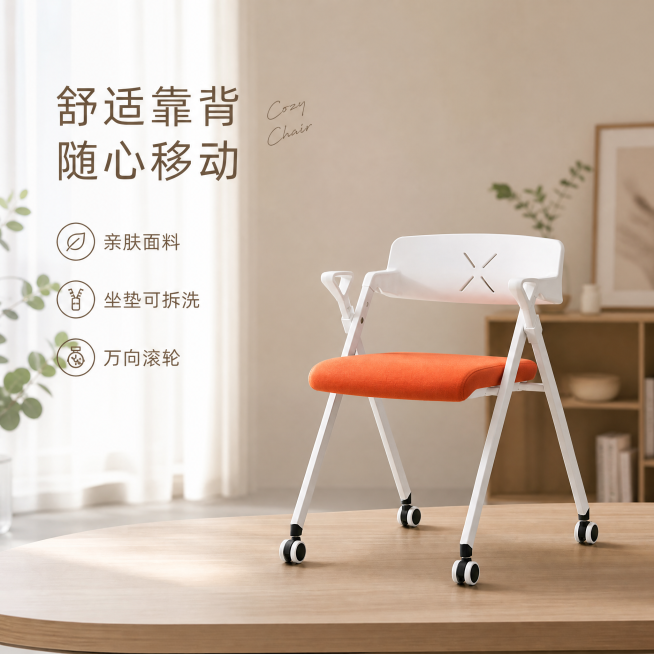 [单张主图] 商品名称为单人滑轮靠背椅，走高级氛围感家居治愈风主图路线，同时展示产品卖点和亲肤质感。保持产品外观即物理结构、材质质感、颜色与输入产品图绝对一致，杜绝任何变形和色差，精细化处理。主体为白预览效果