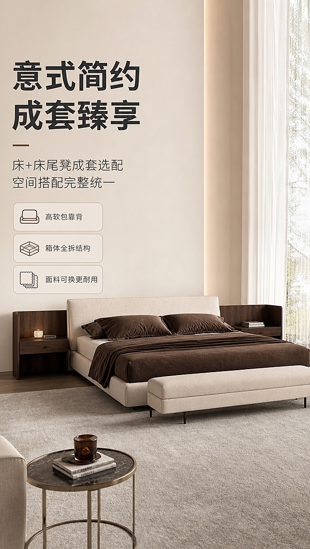 [商品] 使用【图1】意式简约箱体床，保留床头高软包、低床箱、金属细脚、米白布艺床头+深棕床品的配色与整体结构比例；商品处理：自然理顺床品褶皱，增强布艺面料纹理、缝线和金属脚质感，不改变床的造型结构和颜色。
[画面] 目标：首屏风格空间头图，突出意式简约高级感与床+床尾凳成套搭配。左文右景构图，左侧约1/3竖列文案区，右侧大场景卧室空间。产品（床+床尾凳）位于画面右侧中景，占画面约55%，正面微侧角度。前景：浅灰色地毯+圆形金属边几；中景：米白色箱体床+同色系床尾凳+深棕床品+两侧床头柜；后景：暖白色墙面+落地窗纱+柔和自然光。阅读动线从左上标题到右下产品。
[视觉] 套系策略：风格=意式简约轻奢高级商业摄影；标题字=现代无衬线粗体（思源黑体Heavy）；正文字=简洁无衬线体（思源黑体Regular）；主色=米白暖杏；背景延展=基于米白暖杏做深浅层级、同色渐变和细腻哑光墙面/织物质感；强调色=深咖棕，仅用于小面积图标、引线和标签；标题色=深炭灰；正文色=中暖灰；组件=圆角浅底信息卡、细线引线、极简icon；光影=左前侧暖柔光+右侧自然光逆光轮廓，整体亮色调，高级通透。
[文字] 左侧竖列：主标题「意式简约 成套臻享」（8字），副标题「床+床尾凳成套选配 空间搭配完整统一」（16字），亮点条3条：「高软包靠背」「箱体全拆结构」「面料可换更耐用」，文字不遮挡床主体和床头。
[规格] 图片比例9:16竖版，4K分辨率，负向提示：避免变形、错字、文字过小、冷蓝/蓝灰背景、床结构改变、颜色失真、杂乱背景。