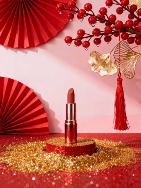 红扇红枝氛围图
 
核心提示词：商业产品摄影，一支口红置于红金闪粉铺就的底座上，背景为浅粉色渐变墙面，装饰红色纸扇、红色浆果枝、金色银杏叶和红色流苏，整体色调红金撞色，营造新春奢华氛围，8K超高清，写预览效果