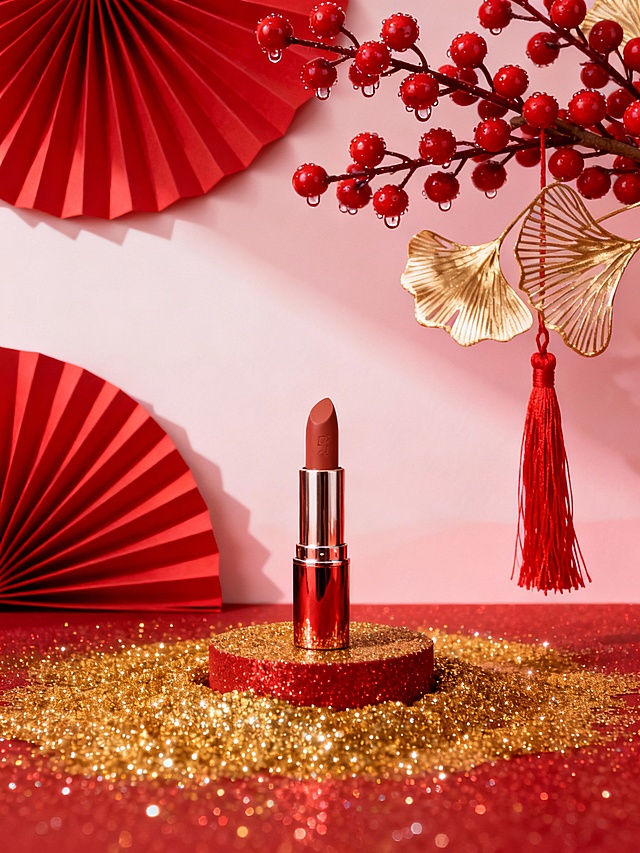 红扇红枝氛围图
 
核心提示词：商业产品摄影，一支口红置于红金闪粉铺就的底座上，背景为浅粉色渐变墙面，装饰红色纸扇、红色浆果枝、金色银杏叶和红色流苏，整体色调红金撞色，营造新春奢华氛围，8K超高清，写实风格。