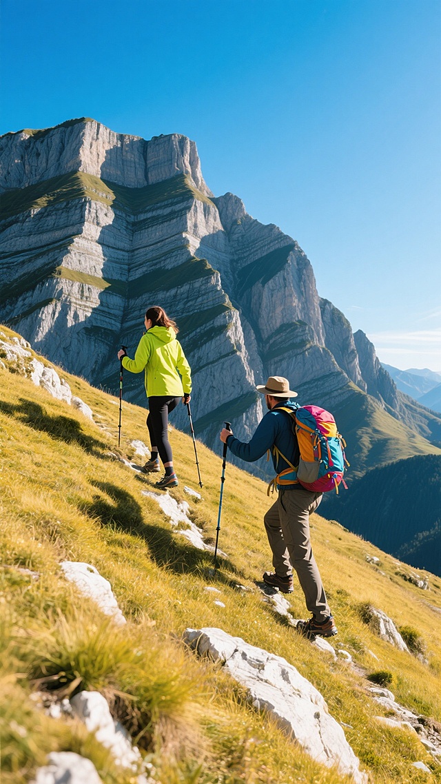 晴朗的蓝天下，雄伟的层状岩石山脉前，一位穿着亮色户外夹克的女性登山者和一位戴着遮阳帽的男性登山者，正背着色彩鲜艳的登山包，手持登山杖，一前一后沿着铺满黄绿色短草和零星白色岩石的陡峭山脊向上攀登，阳光从侧后方照射，在山体上投下深邃的阴影，人物的影子向前延伸，展现出充满活力与挑战精神的登山场景，画面具有清晰的远景、中景和近景层次，色彩真实自然，光线明亮且富有立体感。