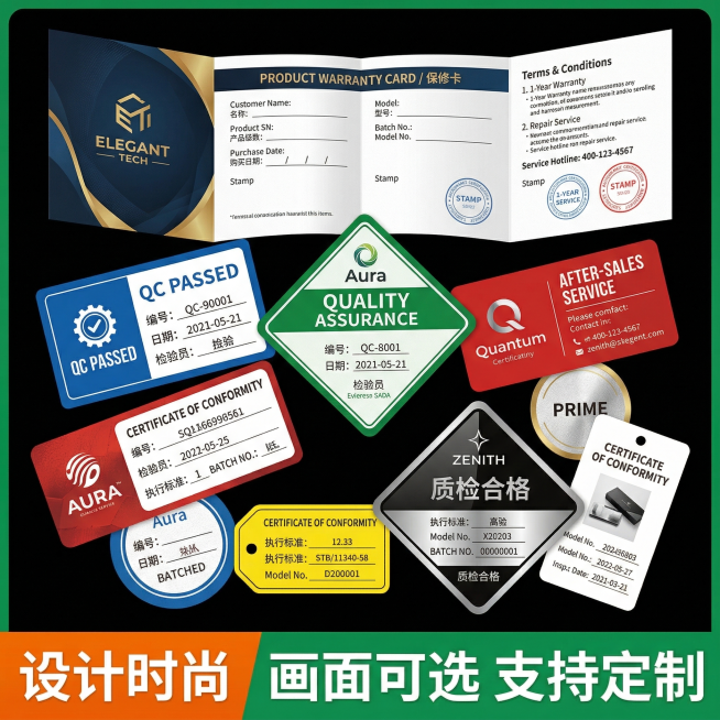 生成多款式保修卡合格证合集主图，采用不规则错落排版，展示打开的对折保修卡和多款不同形状的合格证，黑色背景突出产品，上方展示打开的对折保修卡完整内页信息，下方展示多款不同设计的长方形、菱形合格证，所有设预览效果