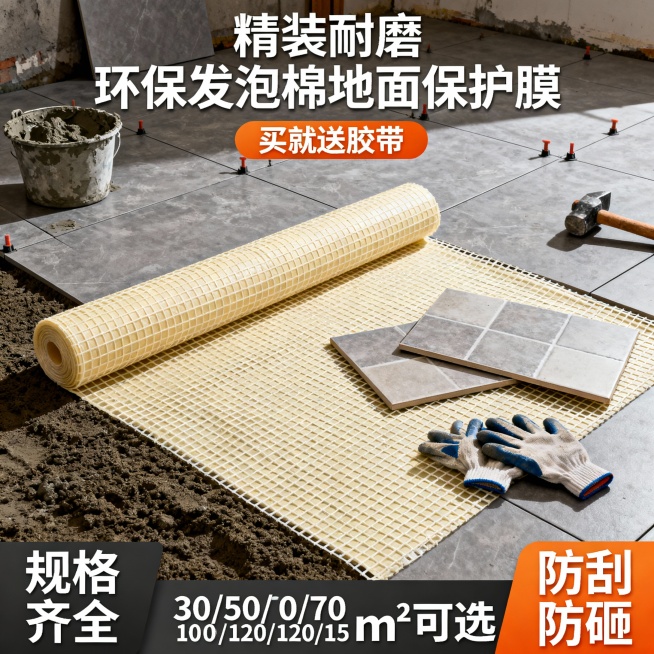 生成三张不同场景的地面保护膜电商主图，面积分别有30,50,70,100,120,120,150平方米，比例1:1，精装耐磨 环保发泡棉 买就送胶带预览效果