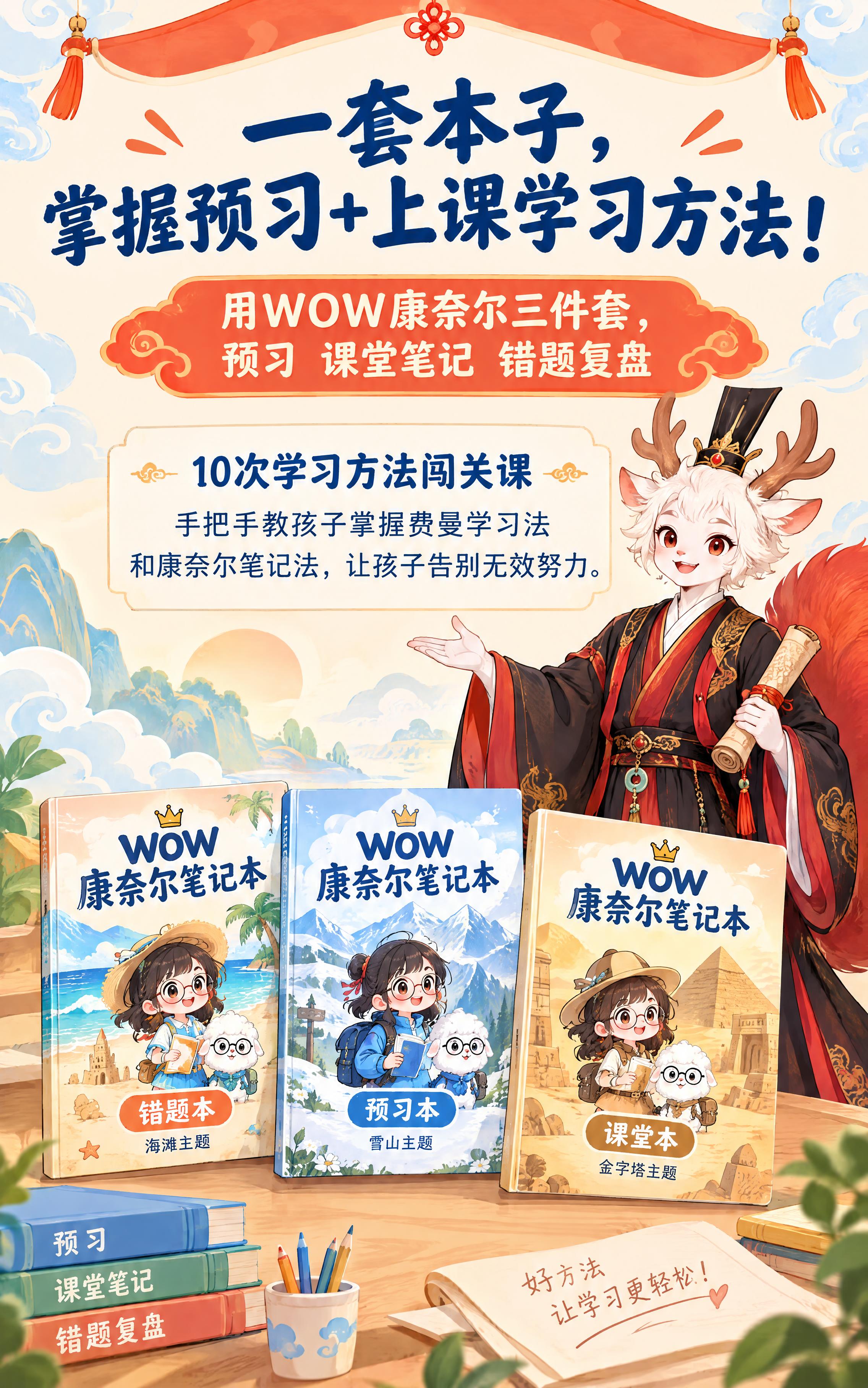 首屏详情页，国潮卡通可爱风文具详情页。画面顶部主标题"一套本子… - 图片创意预览