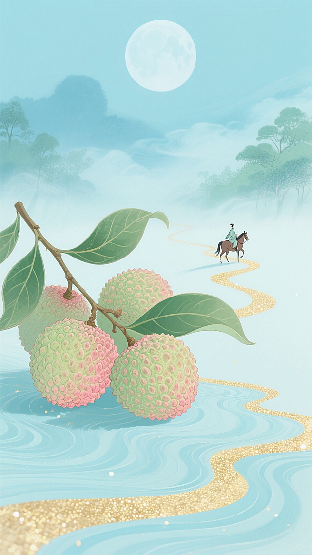 中国风插画风格，整体色调改为清新淡雅的蓝绿色系，前景是几颗饱满硕大、表面颗粒感细腻的荔枝，果皮呈淡青绿色并点缀着浅粉红晕，翠绿的荔枝叶带有清晰叶脉和自然卷曲形态，荔枝下方是浅蓝色的波浪状地面，点缀着细碎的金色闪光纹路，远景中一位身着传统服饰的人骑在马上，沿着金色路径向远方行走，天空中悬挂着一轮淡蓝色的圆月，背景是朦胧的青蓝色云雾和淡绿色的树木轮廓，整体画面呈现出宁静悠远的氛围，光影柔和，色彩过渡自然，具有水墨画般的通透质感和层次感。