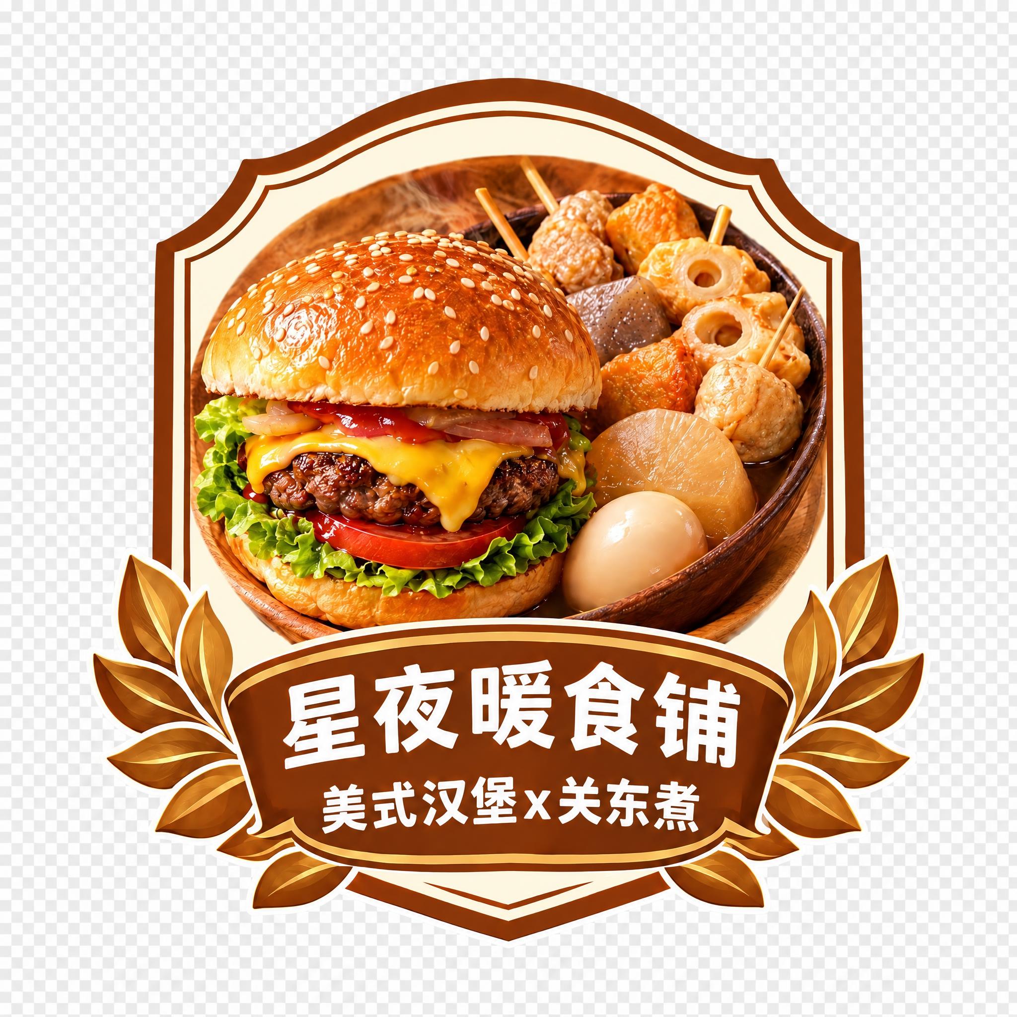将这张美式汉堡x关东煮异形立牌的绿色边框和底部绿色飘带统一换成… - 图片创意预览