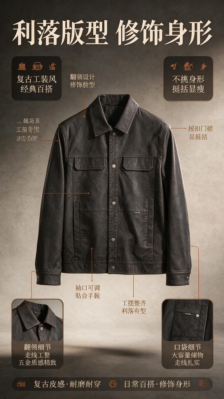 [商品] 使用【图1】深灰色复古做旧翻领PU皮夹克；商品处理：… - 图片创意预览
