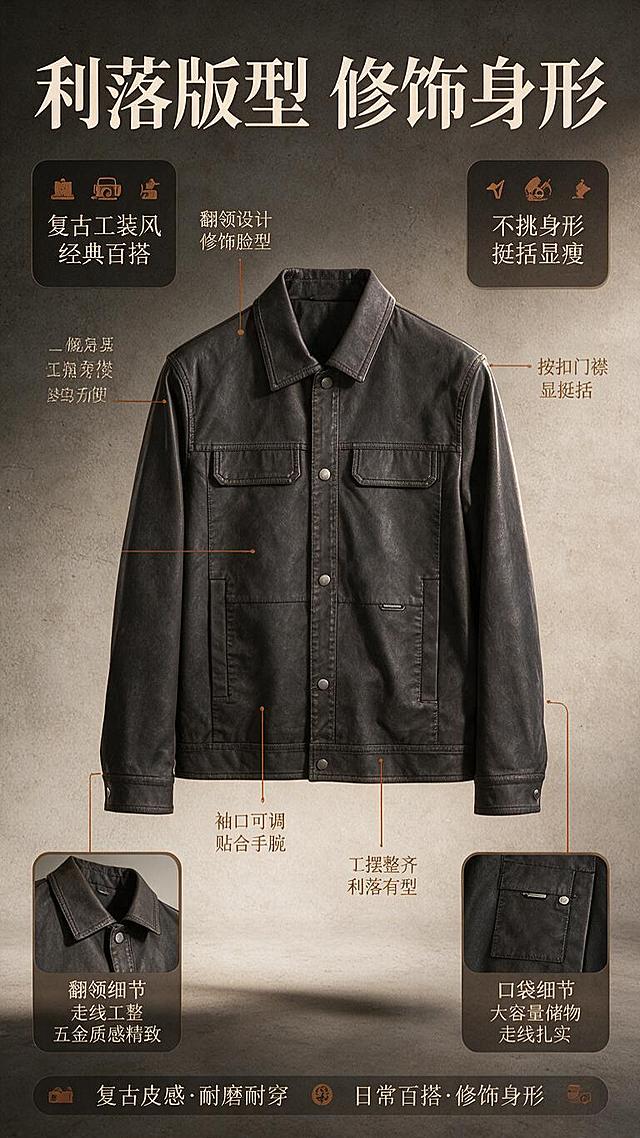 [商品] 使用【图1】深灰色复古做旧翻领PU皮夹克；商品处理：保留翻领、金属按扣门襟、胸前双贴袋、下方大口袋、袖口按扣、做旧皮质纹理、版型结构和深灰颜色；自然去除衣身杂乱褶皱，理顺垂坠，增强皮纹肌理、缝线和五金按扣质感，不改变版型和结构。
[画面] 目标为版型解析页，展示夹克结构与穿搭优势；正面全貌夹克位于画面中央，占画面约50%；从翻领、肩线、胸袋、门襟、袖口、下摆等部位引出细线标注；左右两侧分布信息点；背景为浅灰棕渐变，底部有投影承托；搭配局部放大框展示翻领和口袋细节。
[视觉] 套系策略：风格=高级复古工装商业摄影；标题字=粗衬线复古字体；正文字=简洁无衬线体；主色=深灰棕；背景延展=基于深灰棕做深浅层级、同色渐变和做旧水泥/砖墙/皮革质感；强调色=焦糖棕，仅用于小面积图标、引线和标签；标题色=米白色；正文色=浅暖灰；组件=圆角深底信息卡、细线引线、复古标签；光影=右前侧暖柔光，侧逆光勾勒皮质轮廓。
[文字] 顶部主标题"利落版型 修饰身形"；6个引线标注卖点：「翻领设计 修饰脸型」「微廓肩线 显挺括」「工装胸袋 实用装饰」「按扣门襟 穿脱方便」「袖口可调 贴合手腕」「下摆整齐 利落有型」；文字横排，不遮挡夹克主体。
[规格] 图片比例9:16竖版，resolution=1K，避免变形、错字、文字过小、冷蓝背景、衣服颜色改变、版型失真、纯白底、极限词。