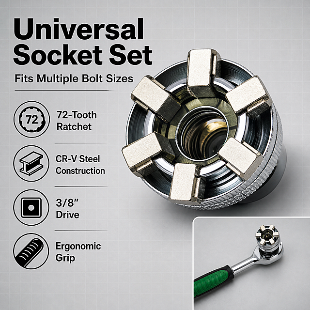 Cross-border Amazon infographic main image - core selling points. Adjustable universal socket head as main subject, large close-up view showing 6-claw adjustable mechanism. Light gray industrial background with subtle grid pattern. Left side: bold title "Universal Socket Set" in large black sans-serif font, subtitle "Fits Multiple Bolt Sizes" below. 4 feature icons arranged vertically on left with text labels: "72-Tooth Ratchet", "CR-V Steel Construction", "3/8\" Drive", "Ergonomic Grip". Right side: main product shot of universal socket with 6 claws extended, chrome plated metal finish. Bottom right corner: small inset image showing ratchet handle with socket attached. Keep all product appearance, structure, material, color exactly same as input images. Professional industrial style, high information density layout. Metal has clear reflective highlights, clean retouched. All text in English, clear and readable. 1:1 ratio, ultra HD commercial photography. Negative: deformation, Chinese text, blurry product, messy background, watermark