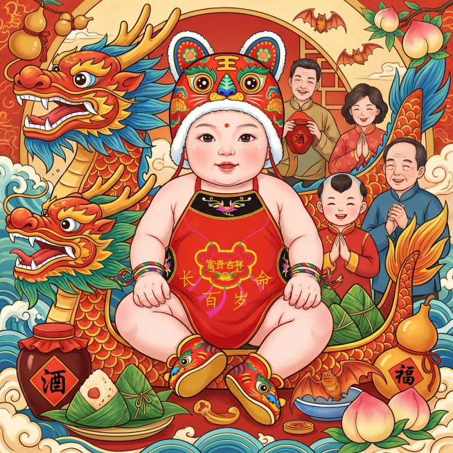 「图片1」生成一张百天宝宝穿这款肚兜、头戴老虎帽、脚穿老虎鞋、手腕戴五彩绳手绳庆生的图片，端午节气氛，中国传统年画风格1:1预览效果