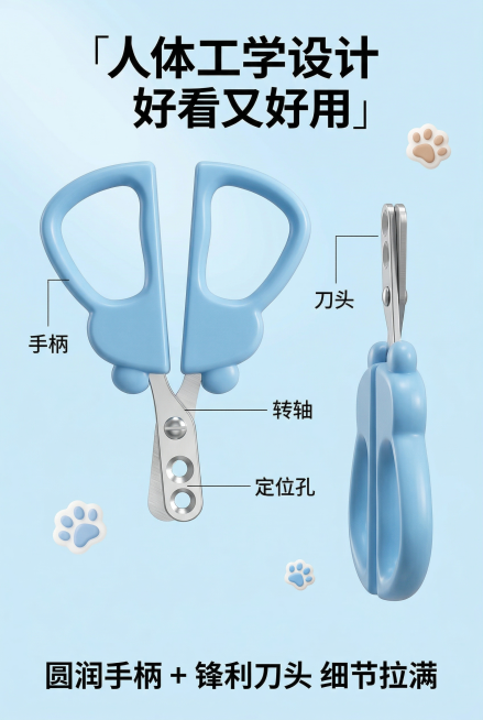 清新马卡龙宠物护理风，严格还原宠物双圆孔指甲剪，包括整体造型、ABS 手柄、金属刀头、转轴细节等所有细节，产品比例协调。蓝色款指甲剪多角度展示（正面 + 侧面），置于浅蓝渐变背景，搭配简约线条标注各部预览效果