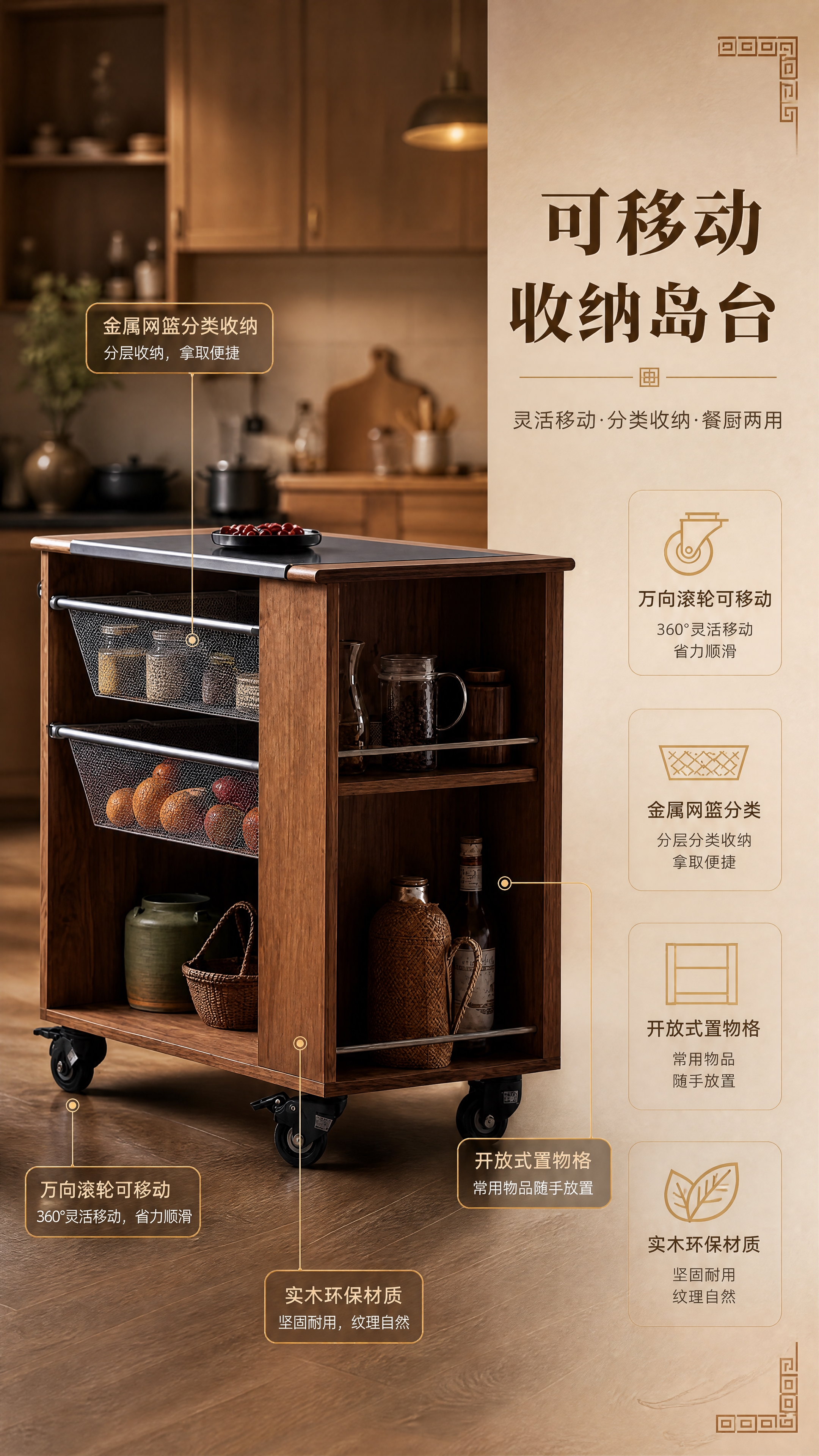 [商品] 使用【图2】移动岛台；保留岛台实木柜体颜色与纹理、金… - 图片创意预览