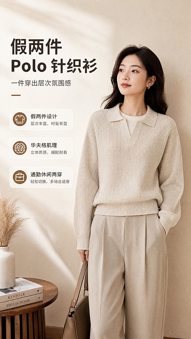 [商品] 使用【图1】米杏色假两件Polo领针织衫；商品处理：保留Polo翻领、假两件V型门襟、落肩长袖、短款收腰、华夫格针织纹理、米杏花纱颜色和整体版型；自然去除衣身、领口、袖子和下摆的杂乱褶皱与压痕，理顺垂坠，增强针织纹理、缝线和罗纹收边质感，不改变版型和结构。
[画面] 目标：风格头图海报，突出假两件Polo领设计与松弛通勤感。构图：左文右图竖版布局，右侧亚洲女模特穿着针织衫自然站立于简约室内场景，左侧留白放标题；产品占画面55%，前景简约木质边几、中景模特、后景暖米色墙面与柔和光影。
[视觉] 套系策略：风格=轻熟通勤高级商业摄影；标题字=现代无衬线粗体；正文字=简洁无衬线体；主色=米杏暖调；背景延展=基于米杏色做深浅层级、同色渐变和细腻织物/哑光墙面质感；强调色=焦糖棕，仅用于小面积图标、引线和标签；标题色=深炭棕；正文色=中暖灰；组件=圆角浅底信息卡、细线引线；光影=左前侧暖柔光，柔和自然阴影。
[文字] 左上主标题「假两件 Polo 针织衫」，副标题「一件穿出层次氛围感」，下方3个短卖点：假两件设计、华夫格肌理、通勤休闲两穿；文字横向排版，不遮挡服装主体、领口和袖口。
[规格] 图片比例9:16竖版，4K分辨率，避免变形、错字、文字过小、冷蓝/蓝灰背景、衣服颜色改变、版型失真、绝对化用语。